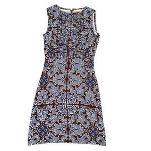 Tory Burch Silk Sleeveless Dress Size 6 Brown Blue Paisley Print A-Line Ruffle